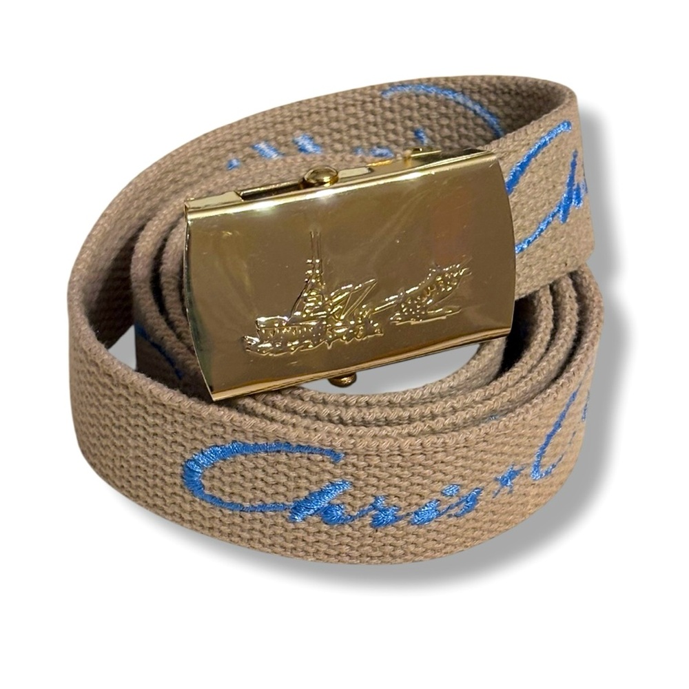 CHRIS CRAFT Embroidered Web Belt Solid Brass Buckle with Boat Detail